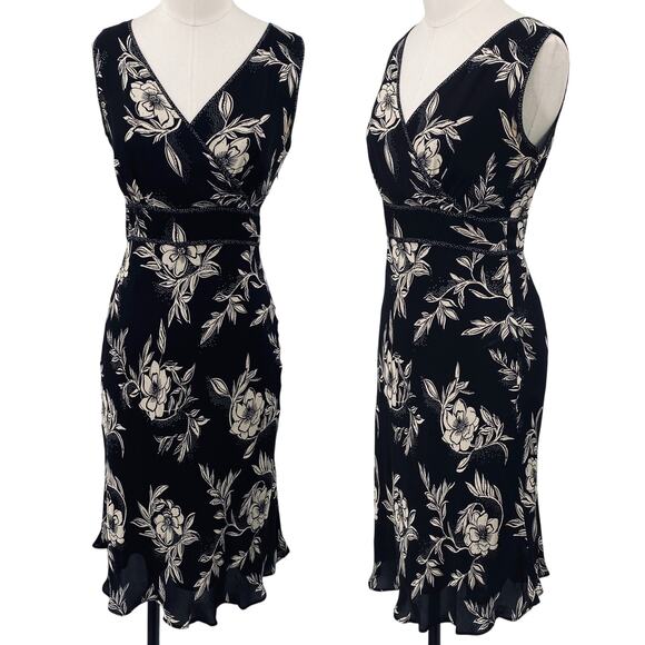 Vintage Y2k Silk Floral Print Faux Wrap Midi Dress V Neck Bias Cut Black Ivory 4 - Picture 1 of 13